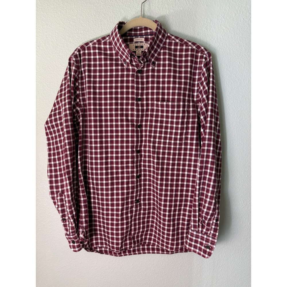 Joseph Abboud Mens Burgundy Gingham Button Down Shirt Modern Fit Cotton M